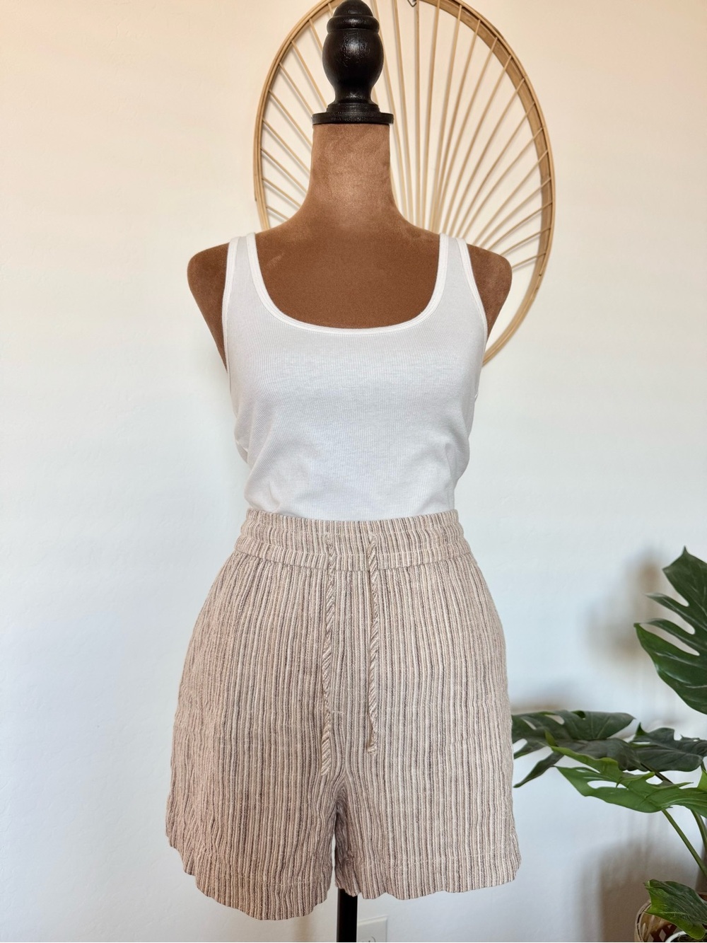 Linen-Blend Drawstring High-Waist Shorts in Beige, White, and Brown